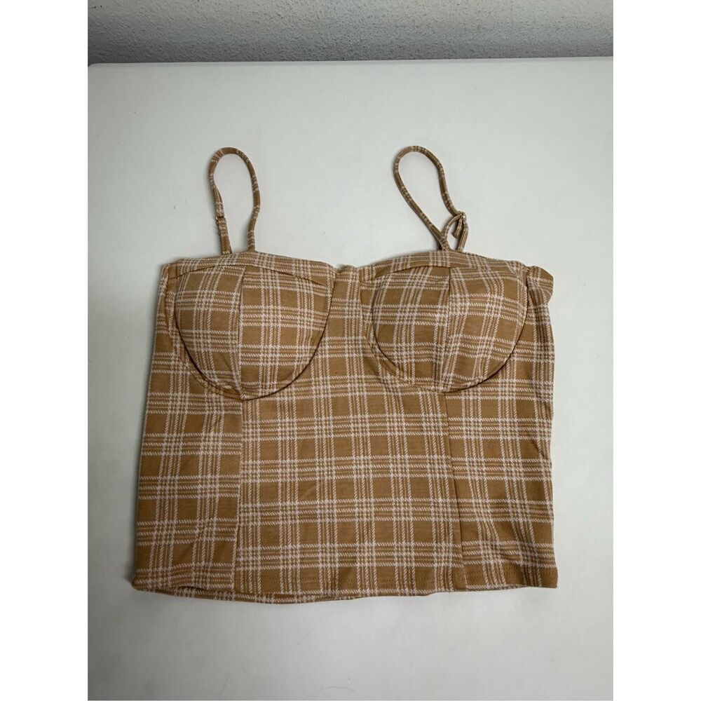 Vibe Sportwear Women’s Twill Buster Corset Top Plaid Tan White Size XL